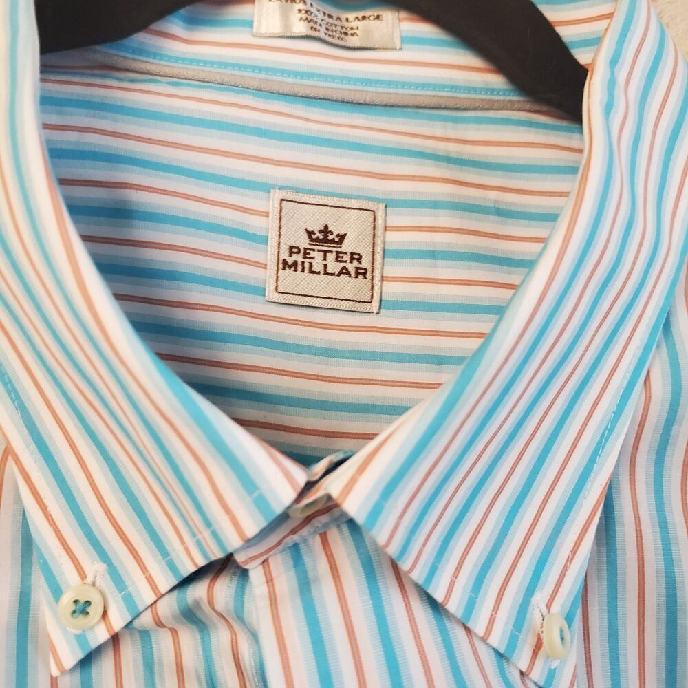 Peter Millar Men 2XL Shirt Button Down Point Collar Stripped Preppy Golf Bright